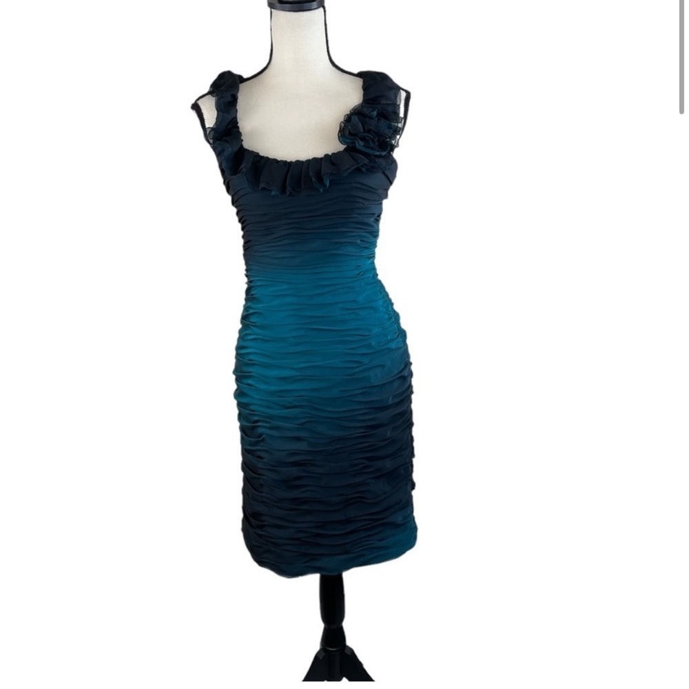 Adrianna Papell Teal to Navy Ombre Ruffle Sheath Dress